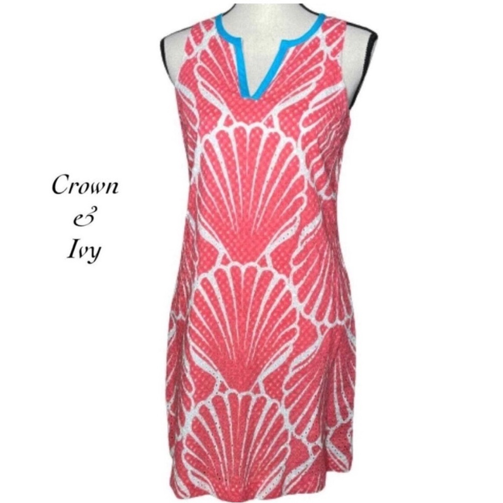 crown & ivy Coral Shell-Print Sleeveless Dress with Blue Trim 4